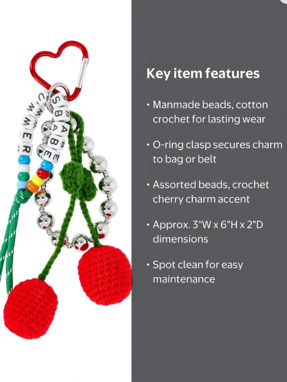 No Boundaries Women's Festival Bag Charm, Red Crochet Cherry
